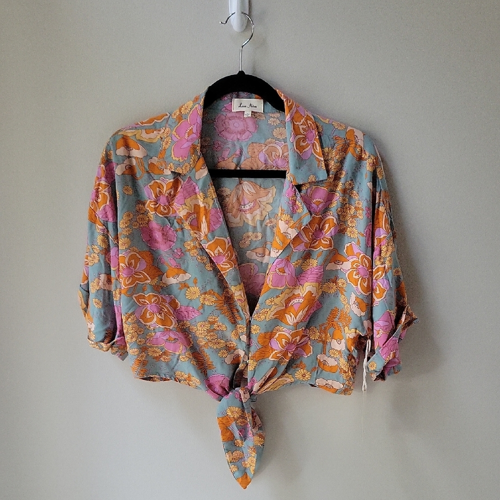 Anthropologie Love Notes Crop Top Floral Tie-Front Rayon Blouse Size Large NWT